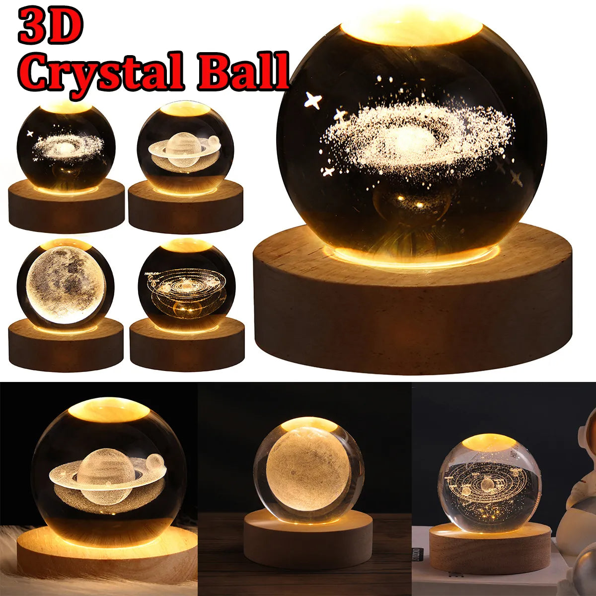 LED Night Light Galaxy Crystal Ball Table Lamp 3D Planet Moon LampDecor For Kids Party Children Birthday Gifts