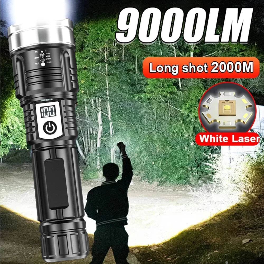 Powerful White Laser LED Flashlight Built-in Battery USB Rechargeable Zoom Torch With Power Display