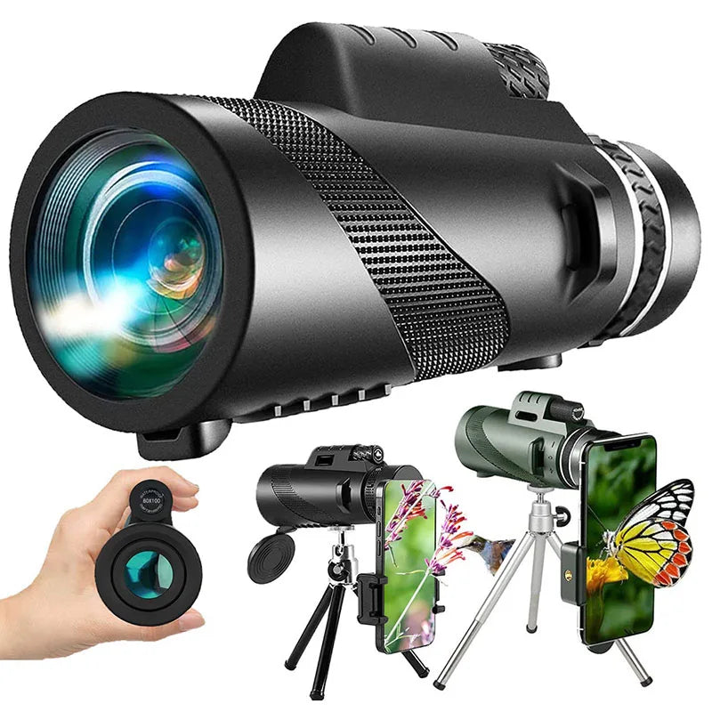 80X100 Hd Monocular Telescope 8000M Long Range Zoom Bak4 Prism Telescope with/without Tripod Phone Clip Hunting Outdoor Camping