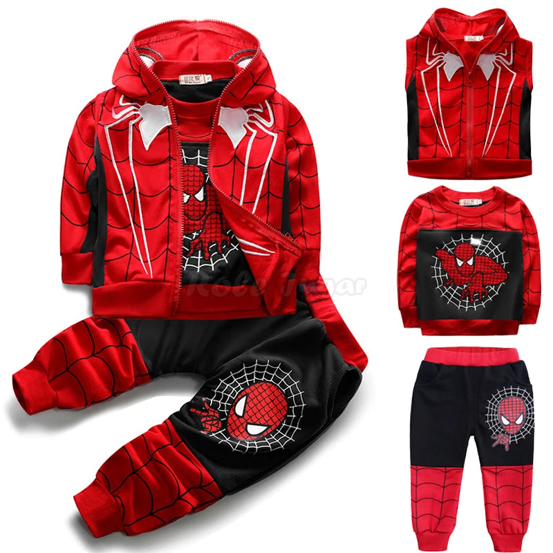 3pcs Cartoon Print Spiderman Cosplay Costume Autumn Kids Boys Sleeveless Hooded Vest +T Shirt+Pant Tracksuit Children Outfits